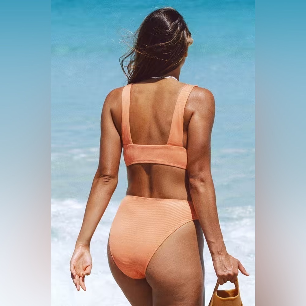 Cupshe Peach Ribbed High Waisted V Neck Bikini Set Orange Size M NEW - Picture 2 of 8